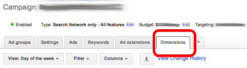 AdWords Day Parting Dimensions Tab