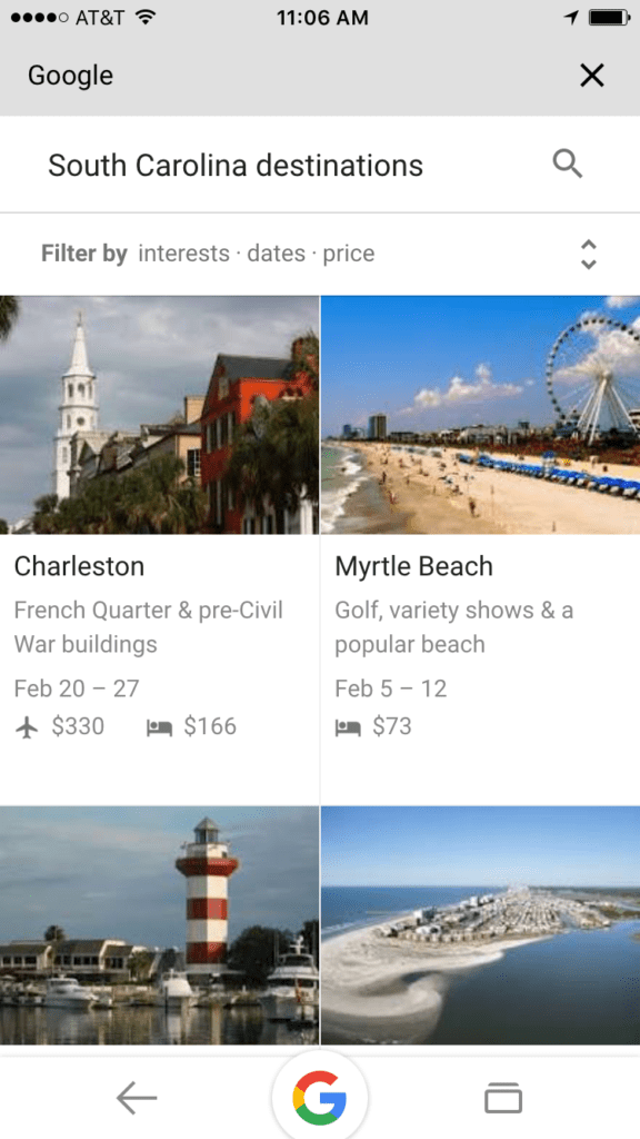 destinations tab google search results
