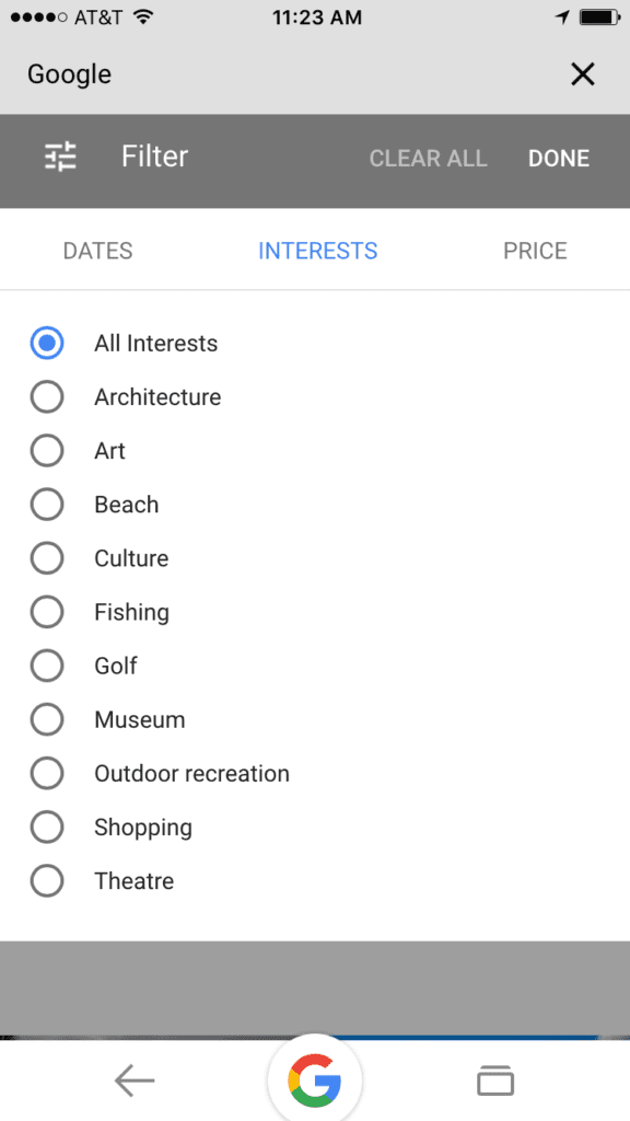 google interest based filter travel serps