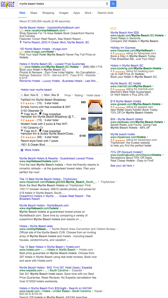 Hotel PPC SERP Before Google Layout Change