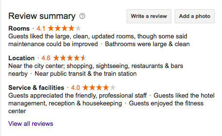 google my business hotel review summary