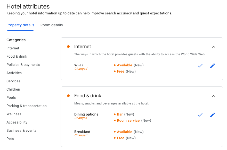google my business hotel attributes section