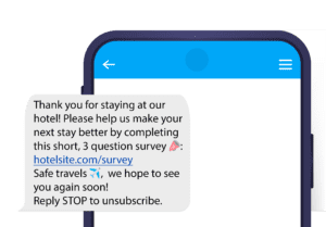 Sample post-stay survey SMS that reads "Thank you for staying at our hotel! Please help us make your next sty better by completing this short, 3 question survey: (link). Safe travels, we hope to see you again soon!"